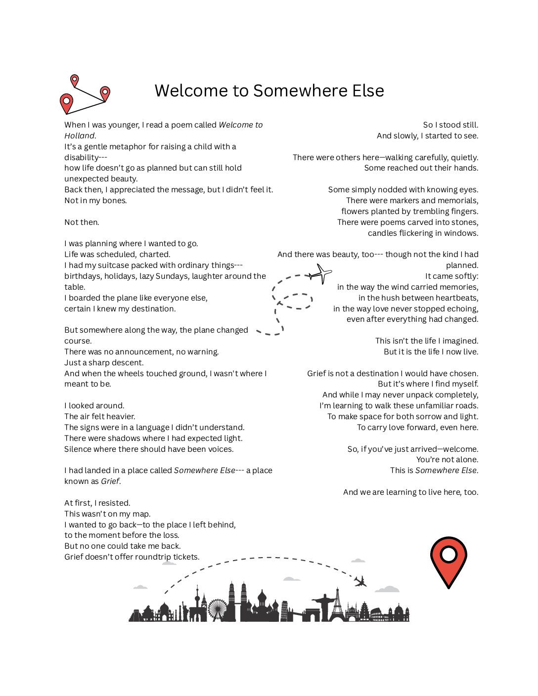 Welcome to Somewhere (A reflection on grief, inspired by “Welcome to Holland”)